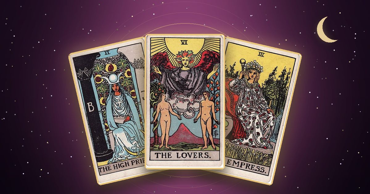 The High Priestess, The Lovers and The Empress tarot cards under a night sky